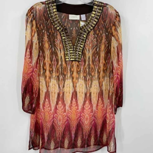 Chicos Size 1 US M Tropic Delight Kaikoura Embellished Tunic Top Boho Semi Sheer - Picture 4 of 10